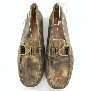 AK Anne Klein flats 8.5 Davis brown gold leather camo horsebit driving loafers